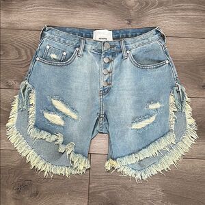 One‎ Teaspoon Frankies Long Length Button Fly Fringe Blue Jean Shorts Size 25